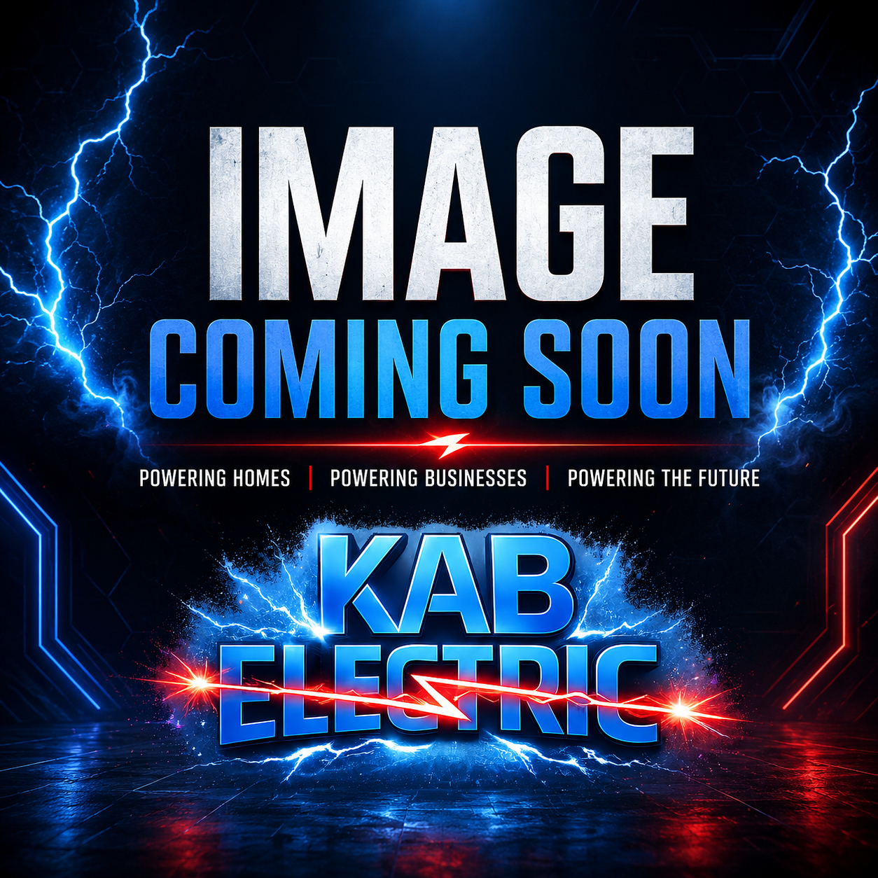 KAB Electric image coming soon graphic with blue and red electrical lightning effects