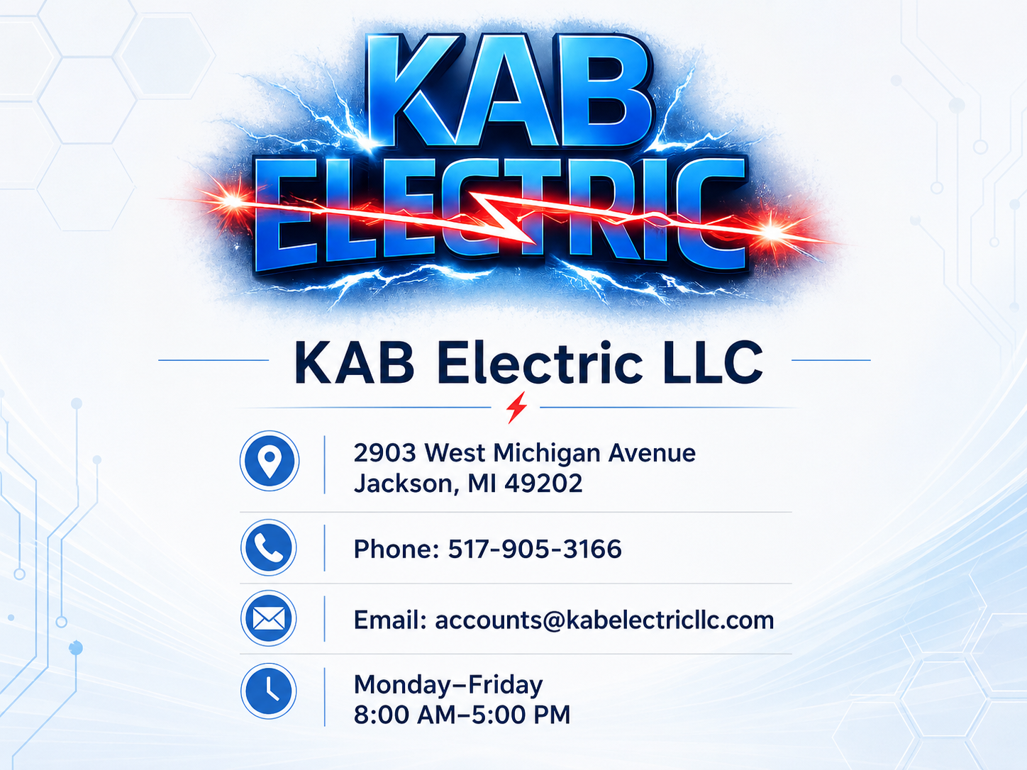 KAB Electric LLC contact card displaying the Jackson, Michigan address, phone number, email address, and weekday business hours.